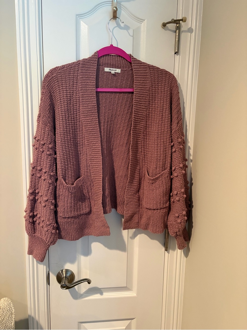 Madewell Mauve Pom-Pom Sleeve Open-Front Cardigan